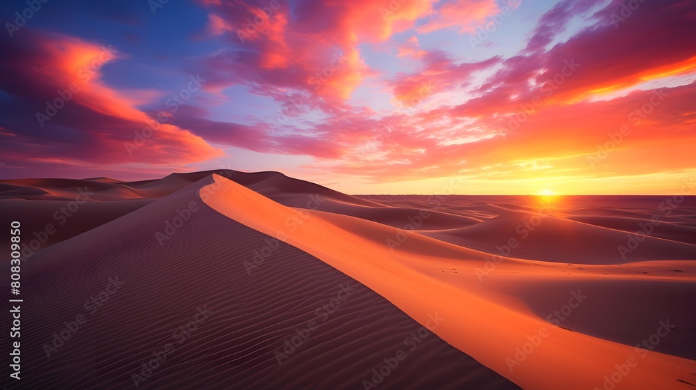 Panoramic view of the sand dunes in the Sahara desert at sunset