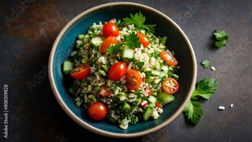 a plate of tabbouleh with sliced fresh and colorful vegetables