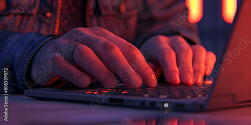 Close-up hands of unrecognizable hacker programmer working typing on keyboard laptop computer at dark room. Freelancer using laptop.