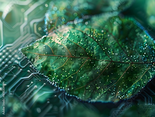 A close up of a leaf on a circuit board with water droplets