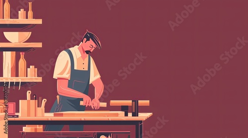 Woodworker in workshop concentrating on crafting. Vector illustration in minimalist style.