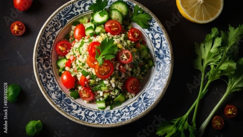 a plate of tabbouleh with sliced fresh vegetables and a tomato and lemon garnish photo