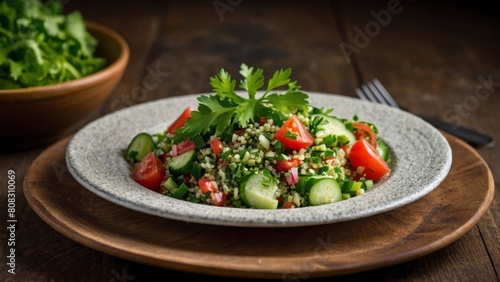 a plate of tabbouleh with sliced fresh and colorful vegetables