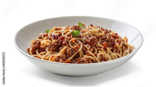 beef spaghetti on white bowl isolated on white background realistic