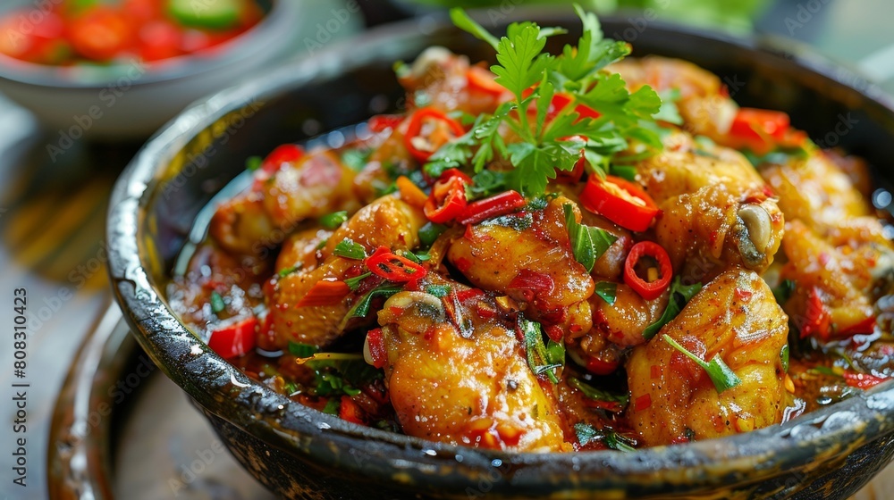 A dish of Bruneian cuisine.
Ayam penye — spicy chicken with pepper and herbs. A dish of Bruneian cuisine.
Ayam penye — spicy chicken with pepper and herbs.