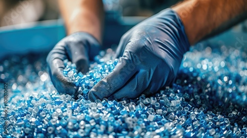 Transforming Plastic into Small Pellets for Reuse in Manufacturing New Products. Concept Recycling Plastic Waste, Pelletizing Process, Sustainable Manufacturing, Repurposing Plastic photo