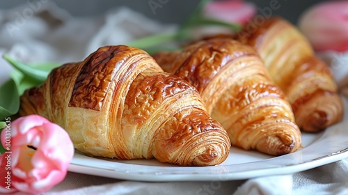  Close-up of a plate with croissants on a table  surrounded by flowers