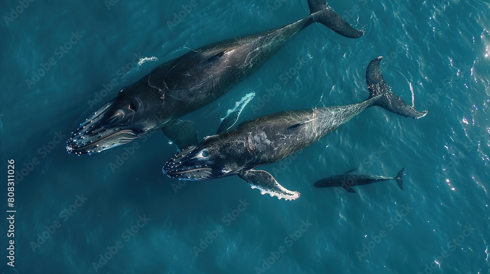 Fototapeta premium Humpback whale and calf aerial drone shot sleeping on the surface of the ocean in Australia, New South Wales.