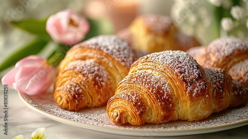  A white plate adorned with croissants dusted in powdered sugar and a pink bouquet nearby