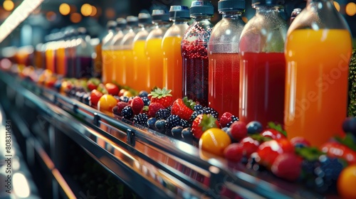 Berry and fruit juices on a conveyor belt. Automatic juice production. Generative AI realistic