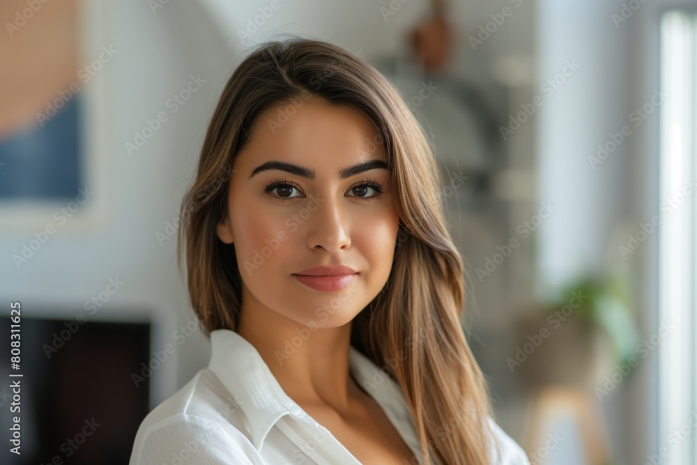 Close-up portrait of a young woman with a subtle smile, posing in a bright, sunlit room, exuding confidence and grace with her warm, engaging gaze