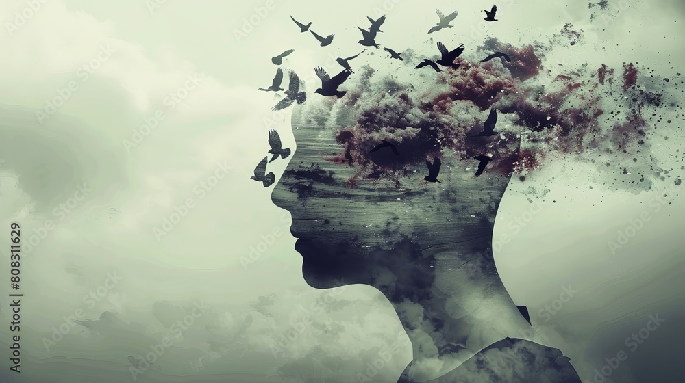 Birds soar towards a human head, symbolizing a connection between the natural world and human consciousness.