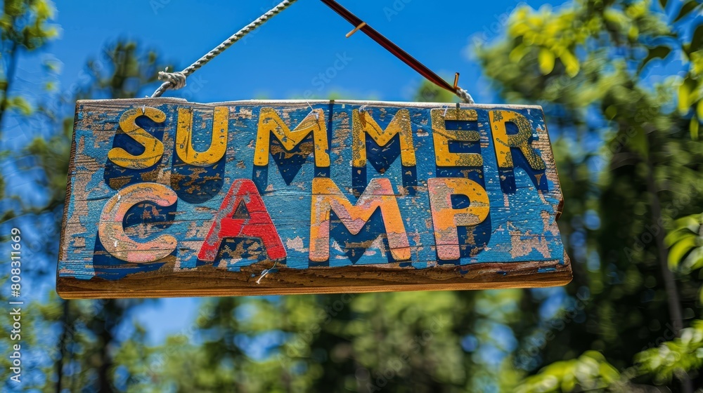 Vivid summer camp sign with colorful brush strokes for engaging outdoor ...