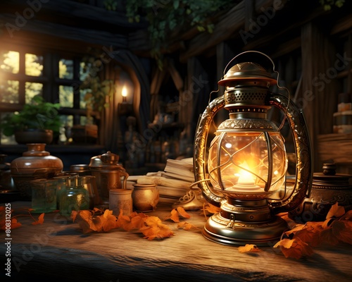 Lantern on a wooden table in an old house. 3d rendering