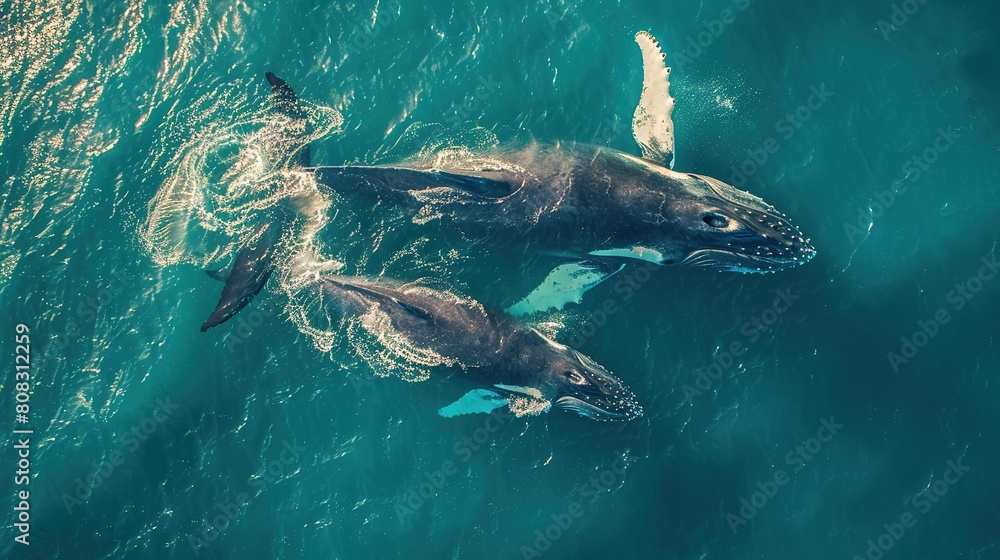 Fototapeta premium Humpback whale and calf aerial drone shot sleeping on the surface of the ocean in Australia, New South Wales.
