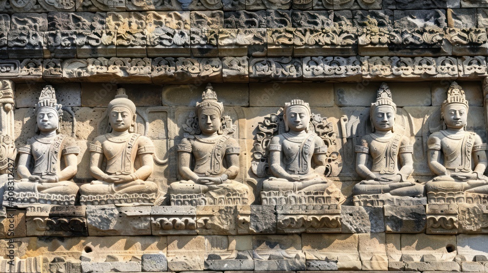 A row of statues of people sitting in meditation