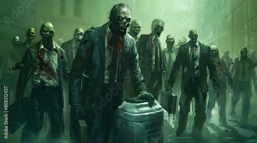 A group of zombies in sharp business suits their photo