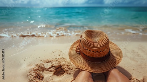 Person in Straw Hat Sitting on Beach