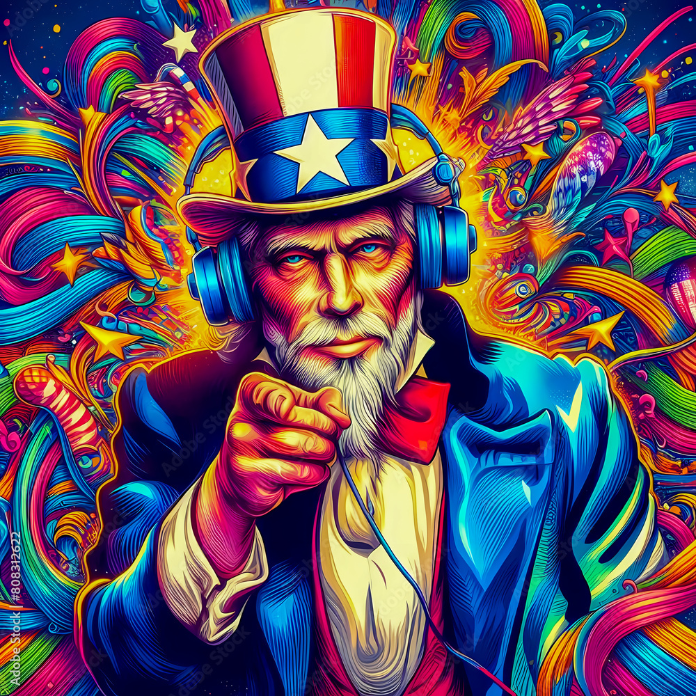 Digital art vibrant colorful uncle sam wearing headphones vibin to music