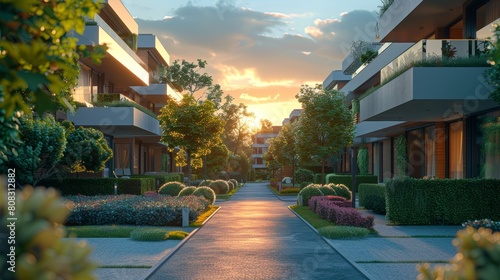 A residential area with modern apartment buildings. photo