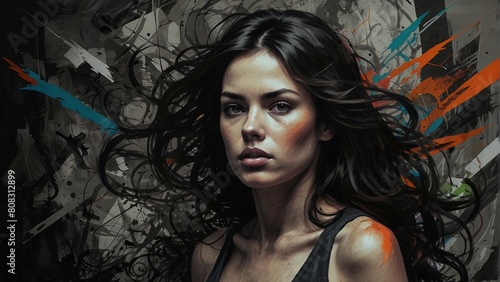 A vividly chaotic image portraying the turbulent and disordered inner workings of a restless women mind. Bold, dynamic lines intersect fragmented shapes, creating distorted perspectives in a black and