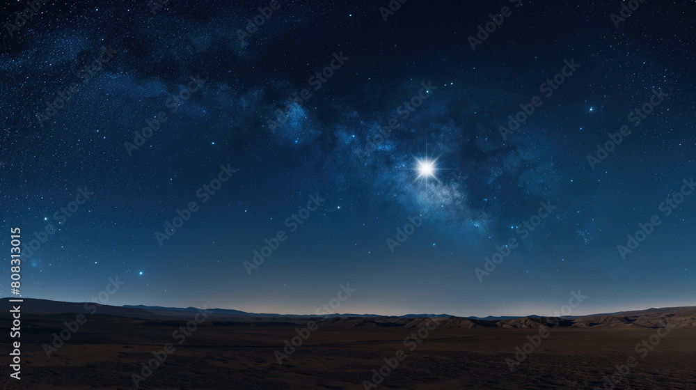 panoramic view of the night sky over an arid desert, with stars and the Milky Way visible in deep blue tones. The starry expanse stretches across the horizon, creating a sense of vastness and wonder panoramic view of the night sky over an arid desert, with stars and the Milky Way visible in deep blue tones. The starry expanse stretches across the horizon, creating a sense of vastness and wonder