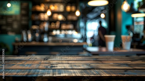 Cafe background with wooden table for product display or design layout in soft focus. Concept Product display, Design layout, Wooden table, Soft focus, Cafe background