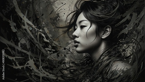 A vividly chaotic image portraying the turbulent and disordered inner workings of a restless women mind. Bold, dynamic lines intersect fragmented shapes, creating distorted perspectives in a black and