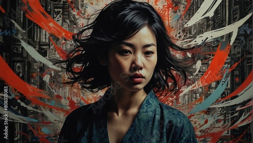 A vividly chaotic image portraying the turbulent and disordered inner workings of a restless women mind. Bold, dynamic lines intersect fragmented shapes, creating distorted perspectives in a black and