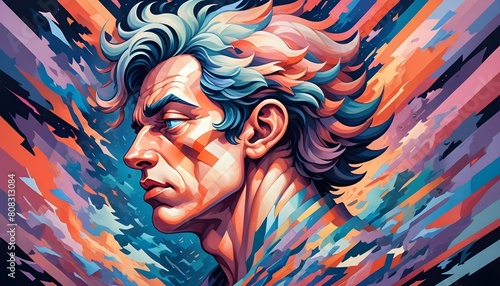 A vividly chaotic image portraying the turbulent and disordered inner workings of a restless man's mind. Bold, dynamic lines intersect fragmented shapes, creating distorted perspectives in a vibrant c