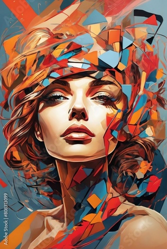 A vividly chaotic image portraying the turbulent and disordered inner workings of a restless women mind. Bold, dynamic lines intersect fragmented shapes, creating distorted perspectives in a black and