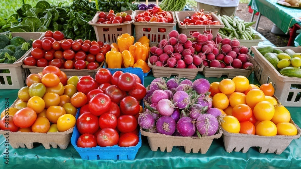Various colorful fruits and vegetables arranged on a table at a spring farmers market