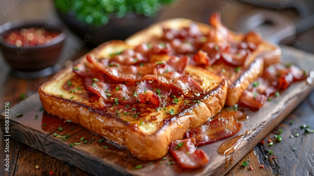 French toast topped with crispy bacon and sprinkled with chopped chives French toast topped with crispy bacon and sprinkled with chopped chives