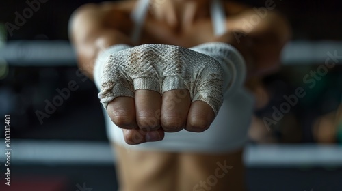A woman prepares for a tough fight by putting on protective bandages on her hands and fists on a black background photo