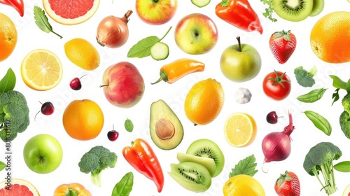 Big set fresh fruits and vegetables isolated on white. Seamless pattern. realistic