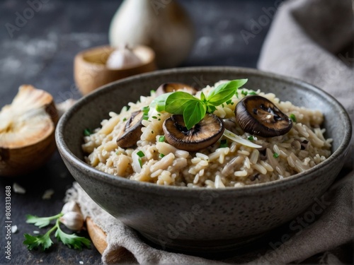 Creamy mushroom risotto with arborio rice, A comforting and comforting dish for a cold evening. photo