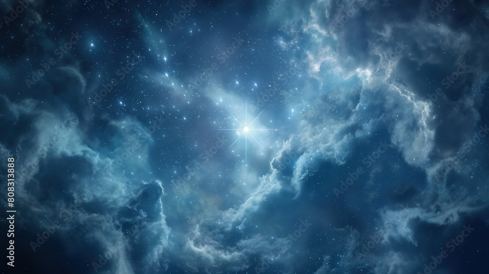 Starry sky with clouds, a bright Sirius star in the center of the composition, background with dark blue tones, creating an atmosphere of mystery and wonder