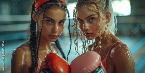 Young women learn how to fight in an octagon cage, kicks, and apercod hand.