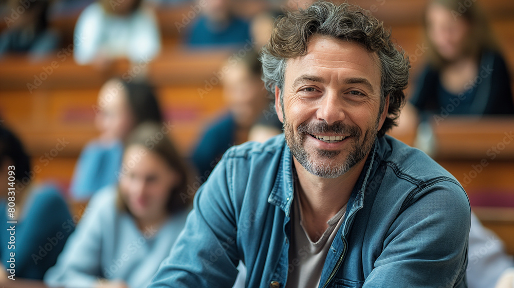 Happy mature student in lecture hall looking at camera. Happy mature student in lecture hall looking at camera.