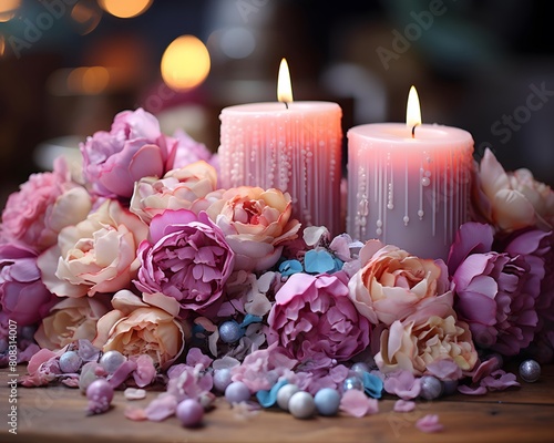 Candles and peony flowers on a wooden table. Selective focus.