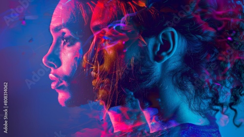 A profile view of a woman with a colorful background. The woman's features are highlighted against the vivid backdrop, creating a striking contrast in the composition. Colorful neon double exposure.