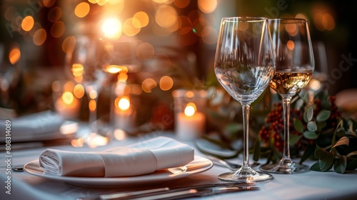 A catering service includes table setting and cutlery, as well as goblets and glasses photo