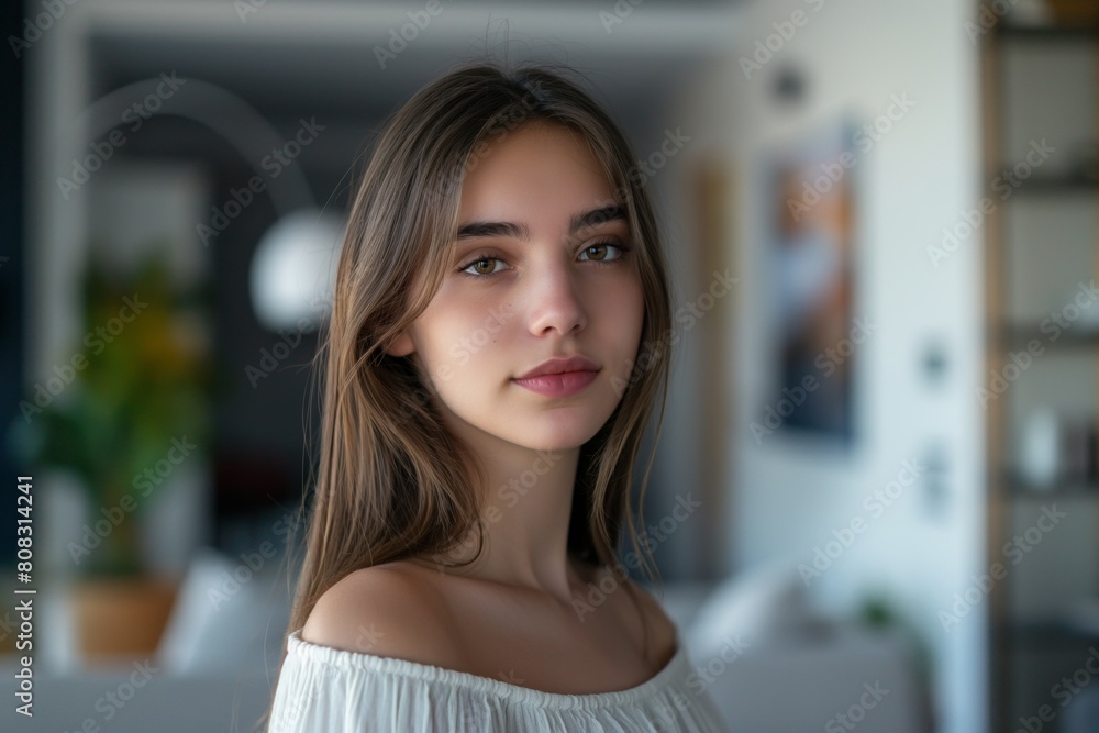 Tranquil young woman poses with a gentle gaze, lit by diffused natural lighting in a modern home setting, showcasing subtle beauty and a relaxed, casual atmosphere