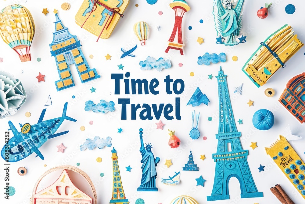 Bright style cut out architectural landmarks with the inscription Time to Travel, white background Bright style cut out architectural landmarks with the inscription Time to Travel, white background