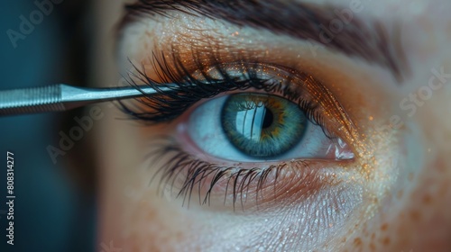 A very simple eyelash extension procedure. A master tweezers creates long, voluminous lashes making the female eye look beautiful. photo