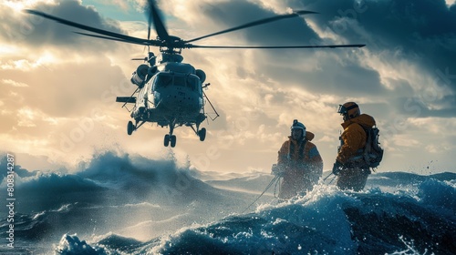 A helicopter is flying over the ocean with people in orange life jackets photo