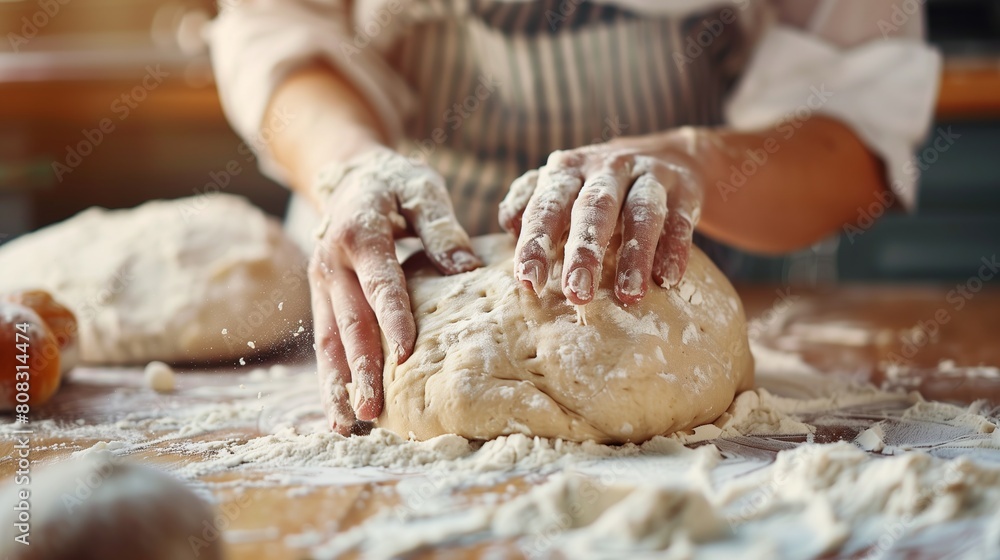 Female hands knead dough for donuts on a wooden table with flour in the kitchen. National Donut Day