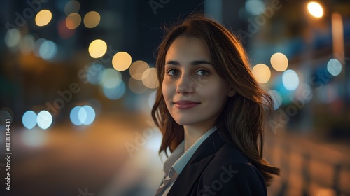 Young elegant woman beams with a subtle smile against a backdrop of soft city lights at night, emanating confidence and serenity in a metropolitan environment