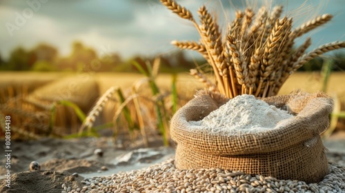 wheat flour in bowl and grains in burlap bag on table with ripe cereal field on the background photo