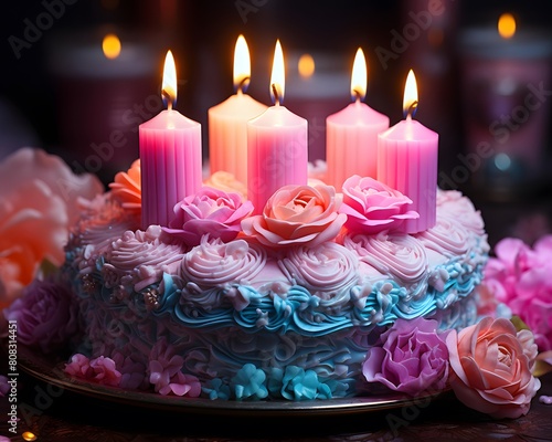 Birthday cake with burning candles on a dark background. Selective focus.